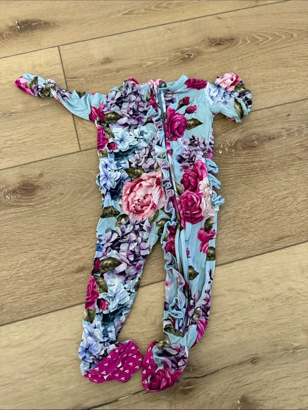 Posh Peanut Floral Footed Romper in Light Blue & Pink